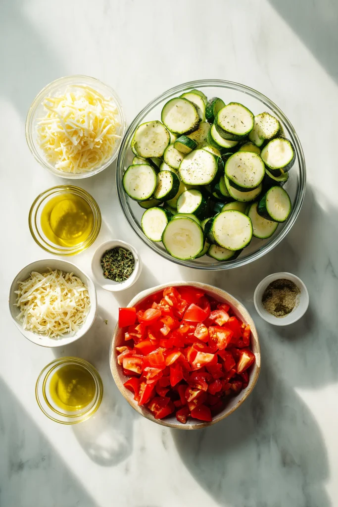 Fresh zucchini rounds, diced tomatoes, cheese, and breadcrumbs for Cheesy Zucchini & Tomato Bites, arranged on a pale wood background.
