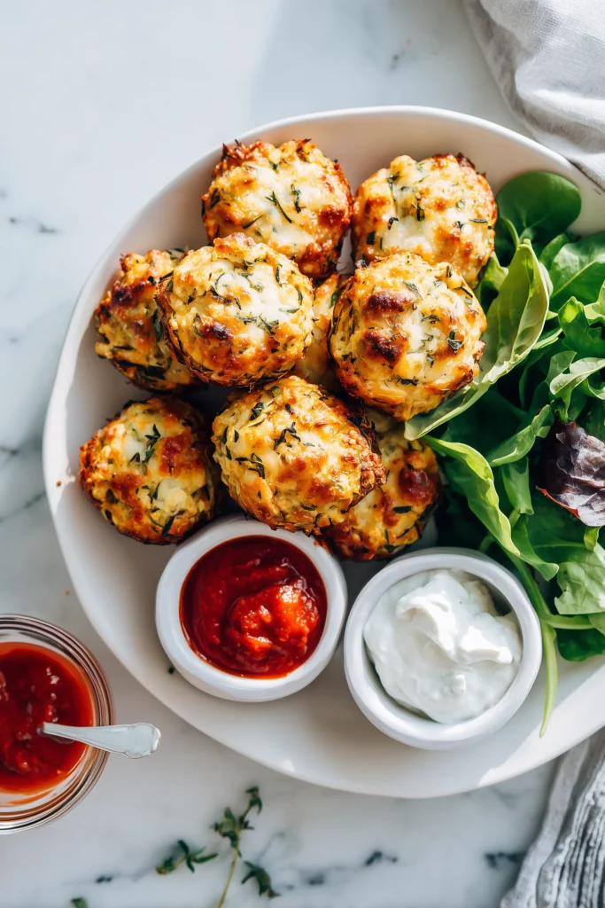 Platter of Cheesy Zucchini & Tomato Bites with dipping sauces and salad on a bright white background.