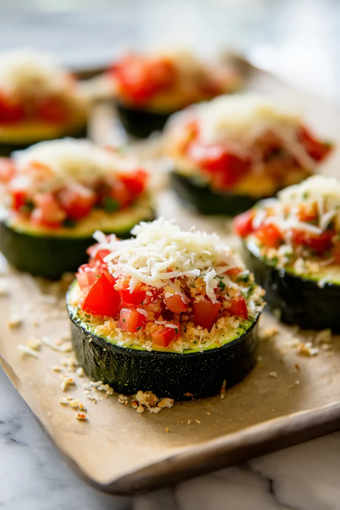 Zucchini rounds with toppings for Cheesy Zucchini & Tomato Bites prepped on a parchment-lined baking tray.