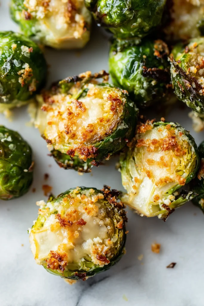 Sheet Pan Parmesan Brussels Sprouts 2 Crispy edges and golden parmesan topping on sheet pan parmesan brussels sprouts.