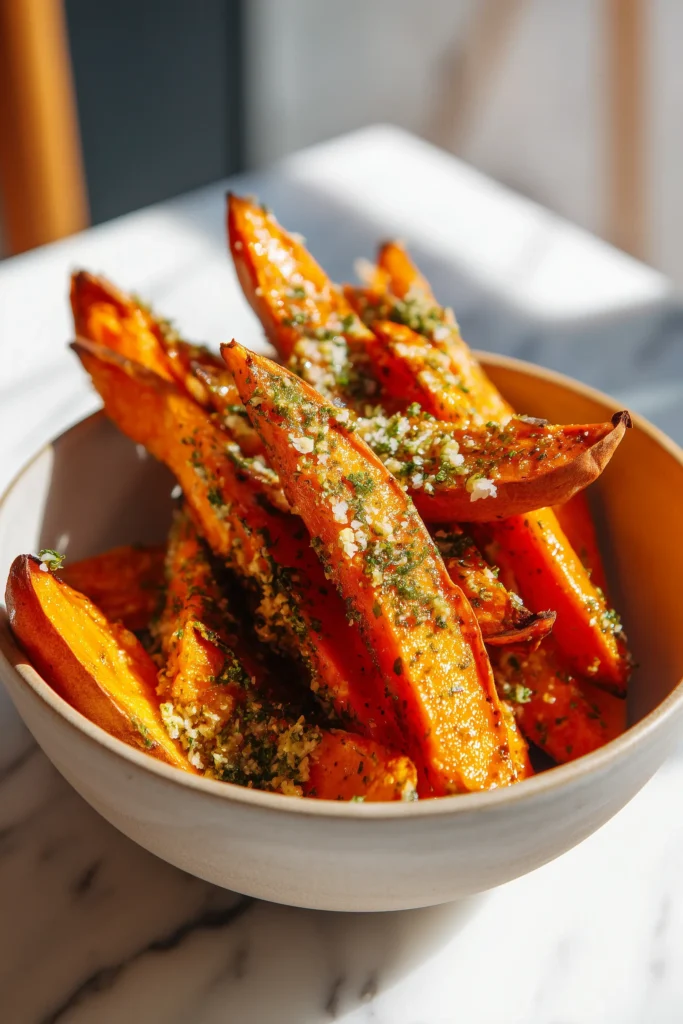Sweet potato wedges being coated with Parmesan and herb mixture, ready for baking for the Garlic Parmesan Sweet Potato Wedges recipe.