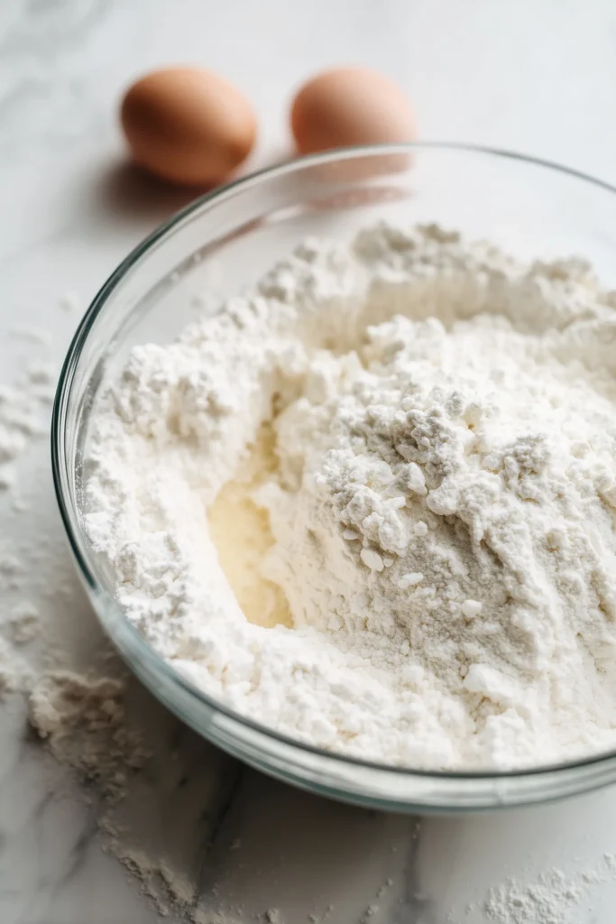 Mixing dough of Cottage Cheese Flatbread (3 Ingredients) in a bowl on a marble surface with visible flour and cottage cheese.