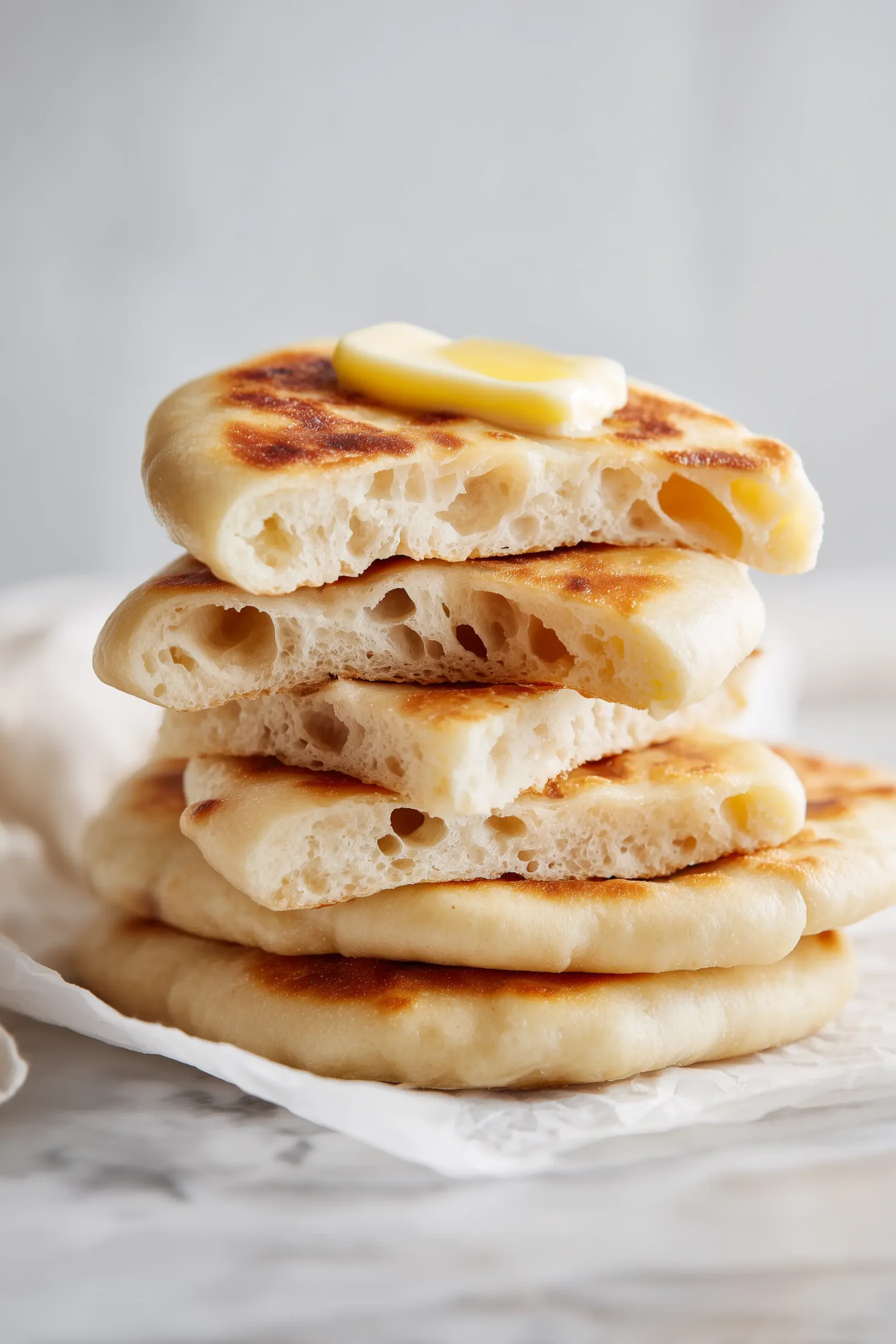 A stack of golden Cottage Cheese Flatbread (3 Ingredients) on white parchment, showing fluffy texture and crisp edges.