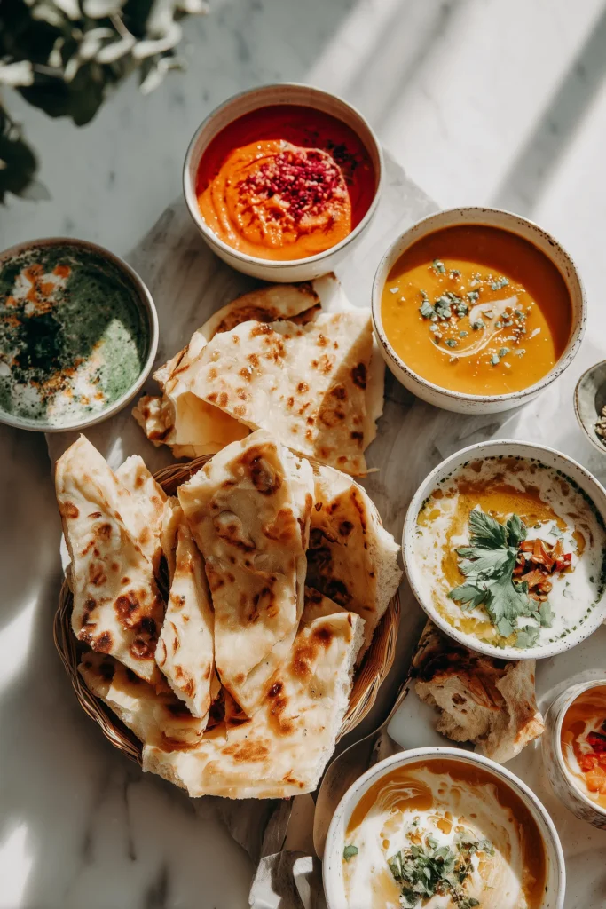 Cottage Cheese Flatbread (3 Ingredients) on a marble platter paired with soups and dips, overhead view.
