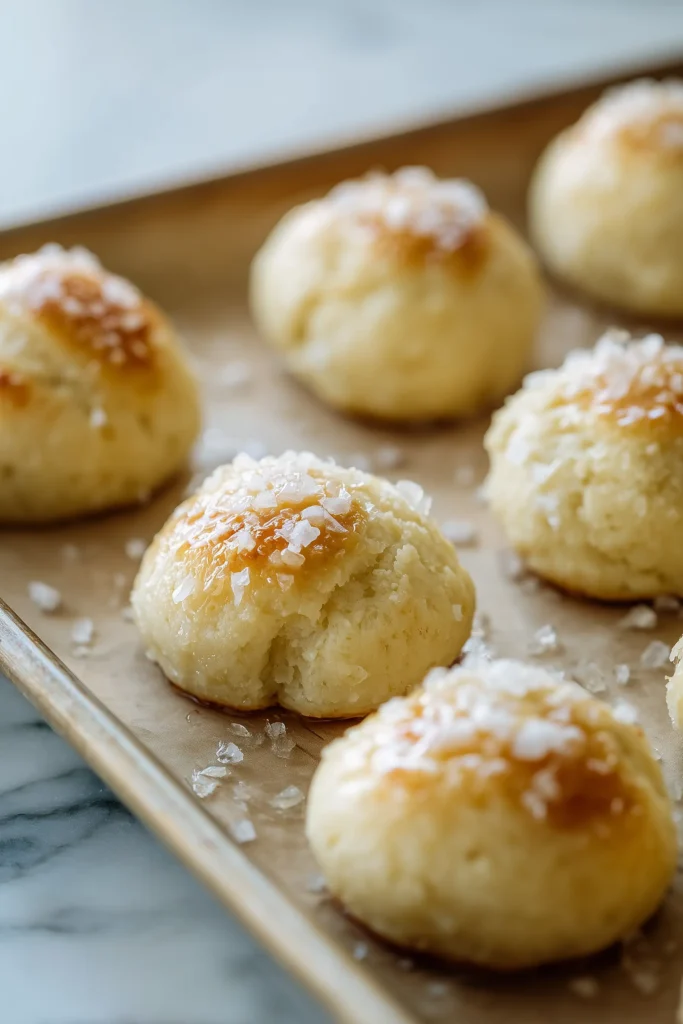Cottage Cheese Pretzel Bites 3 Unbaked Cottage Cheese Pretzel Bites on a tray, brushed with egg wash and topped with salt.