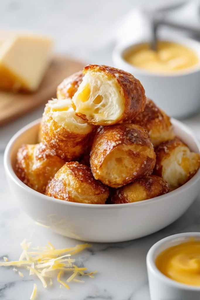 Cottage Cheese Pretzel Bites 4 A serving bowl filled with Cottage Cheese Pretzel Bites alongside dips, showing golden crusts and soft centers.