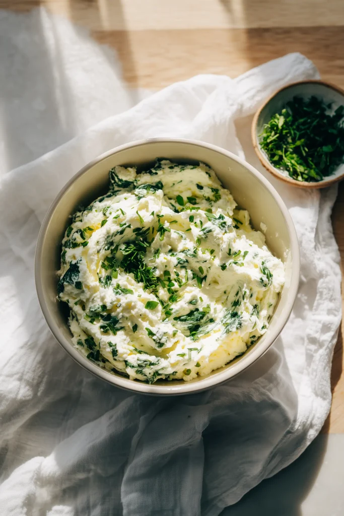 Mixing bowl of cottage cheese, spinach, egg, and herbs ready for cottage cheese spinach bake.