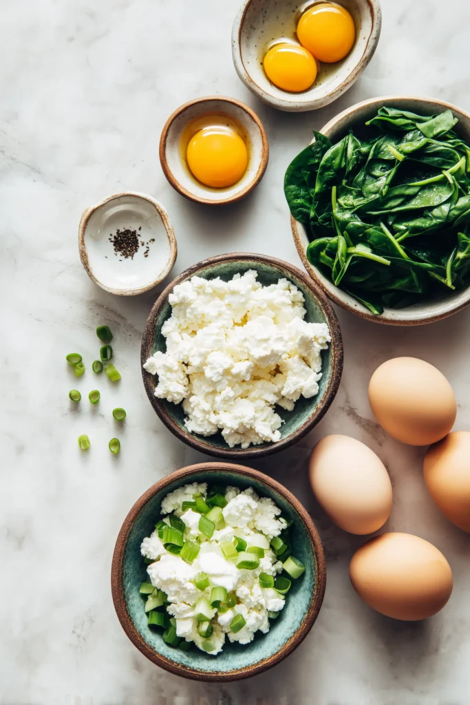 Bowls of cottage cheese, eggs, spinach, and scallions for cottage cheese spinach bake arranged on a marble background.