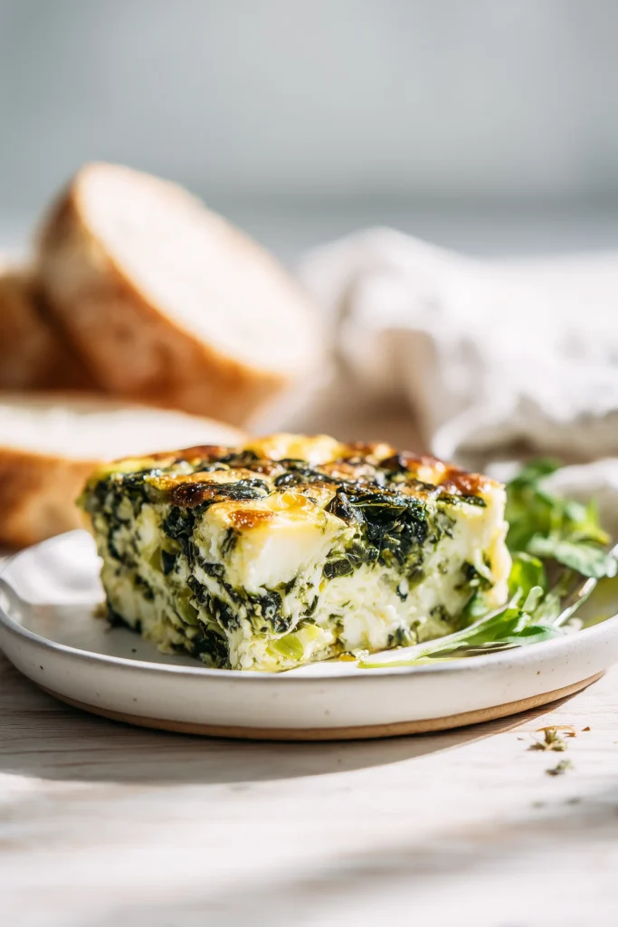 A slice of cottage cheese spinach bake on a white plate with bread and greens.