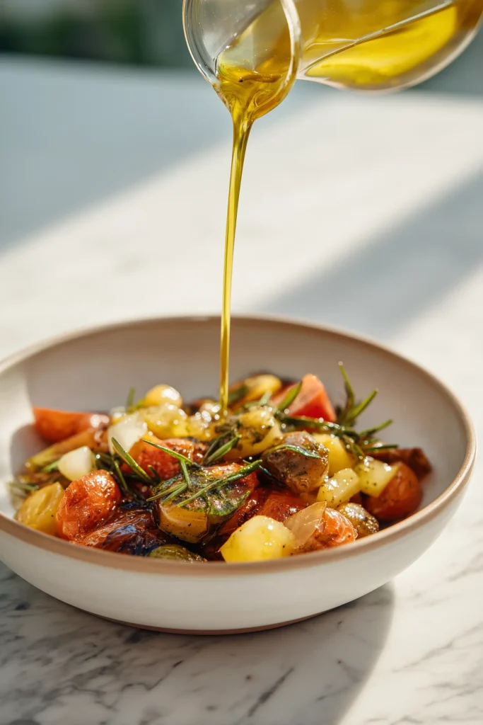 Cowboy Butter Roasted Vegetables 3 Golden cowboy butter drizzling over vegetables for Cowboy Butter Roasted Vegetables.