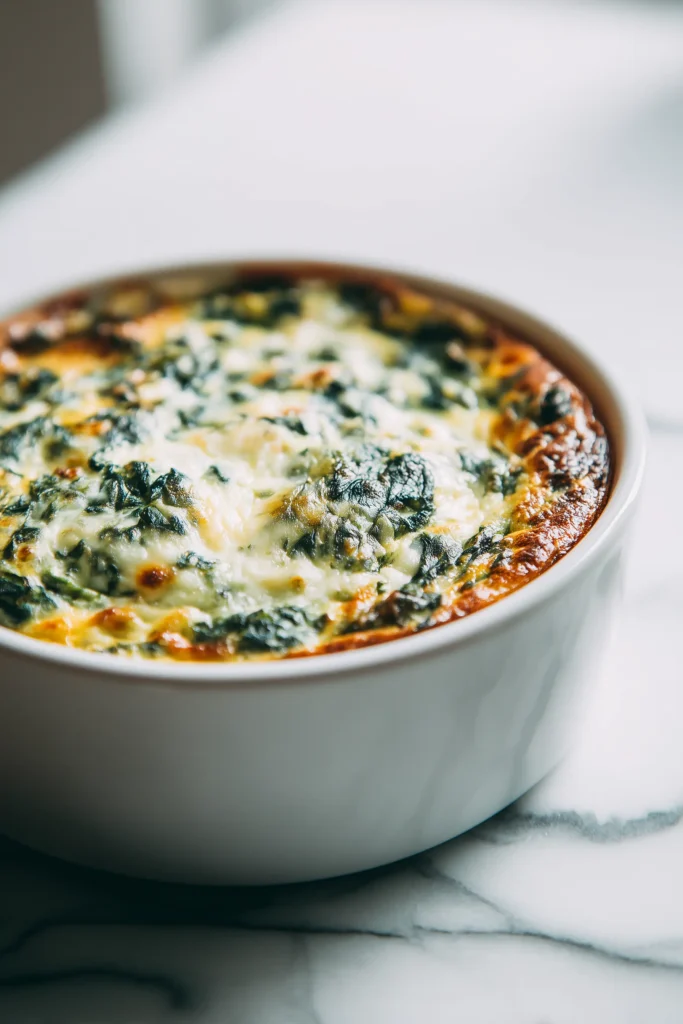 Overhead shot of cottage cheese spinach bake with golden cheesy top and baked spinach visible in a white casserole dish.