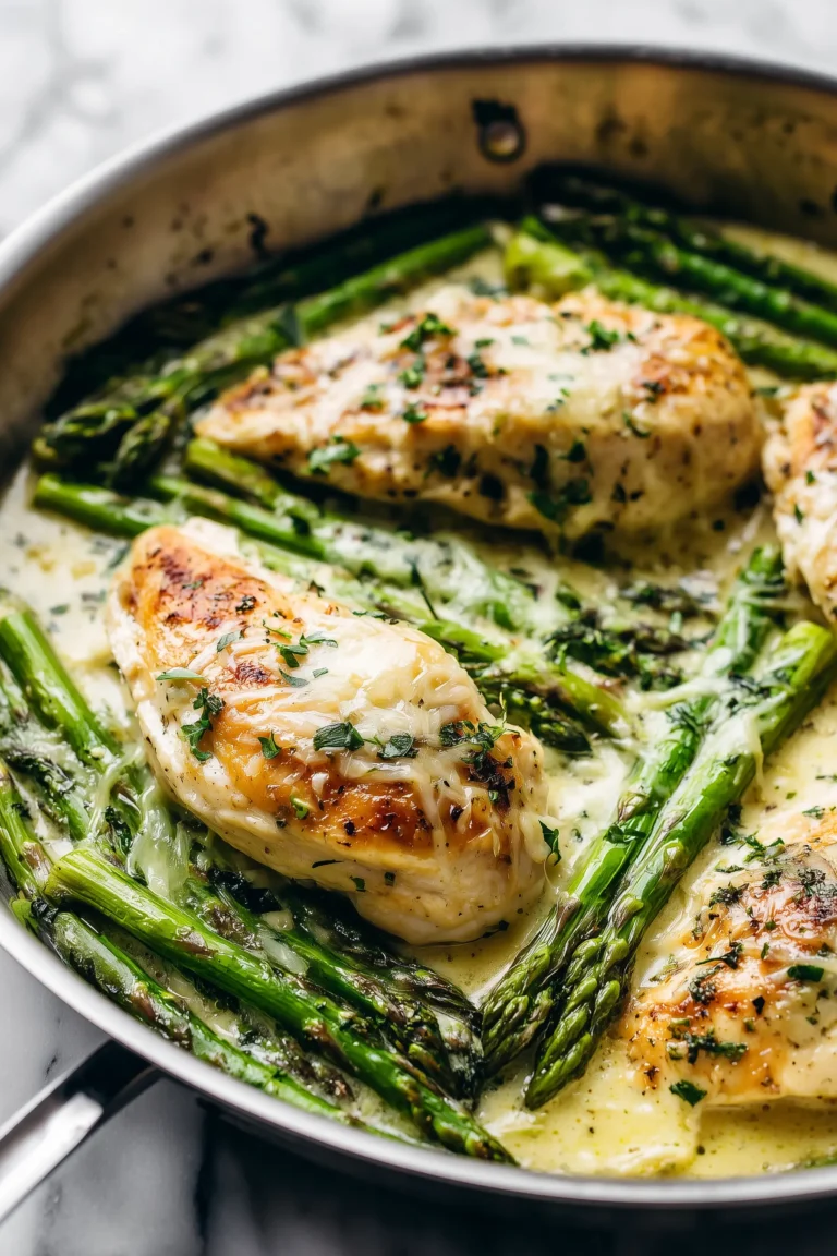Overhead shot of Creamy Baked Chicken and Asparagus in a skillet with golden cheese and bright asparagus.