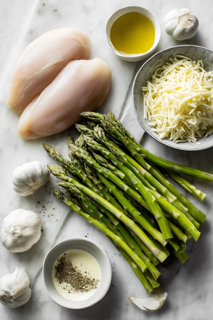 Creamy Baked Chicken and Asparagus 2 Ingredients for Creamy Baked Chicken and Asparagus arranged on white marble: raw chicken, asparagus, cheese, garlic, and seasonings.