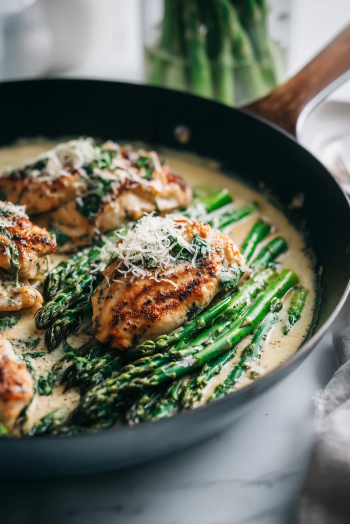 Creamy Baked Chicken and Asparagus 3 Chicken breasts and asparagus in a skillet with creamy sauce and cheese before baking for Creamy Baked Chicken and Asparagus.