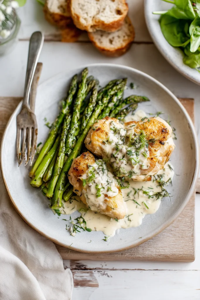 Creamy Baked Chicken and Asparagus 4 Plated Creamy Baked Chicken and Asparagus with salad and rustic bread on a light table.