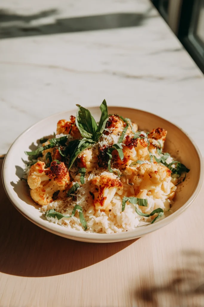 Marry Me Cauliflower 4 A plate of Marry Me Cauliflower over jasmine rice, with creamy sauce, parmesan, and basil.