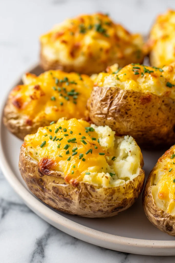 Overhead view of Creamy Cheddar & Chive Oven-Baked Potatoes with melted cheddar and chives on a white platter.