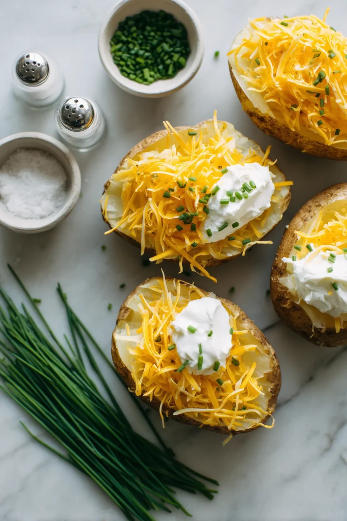 Creamy Cheddar & Chive Oven-Baked Potatoes 2 Flat lay of russet potatoes, cheddar, chives, and sour cream for Creamy Cheddar & Chive Oven-Baked Potatoes.