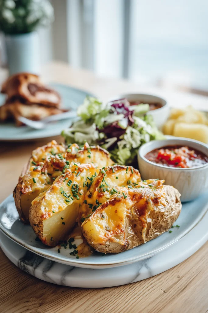 Creamy Cheddar & Chive Oven-Baked Potatoes 4 Platter of Creamy Cheddar & Chive Oven-Baked Potatoes surrounded by roast chicken and fresh salad.