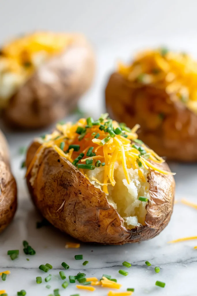Creamy Cheddar & Chive Oven-Baked Potatoes 3 Close-up of cheddar cheese and chives melting into hot Creamy Cheddar & Chive Oven-Baked Potatoes.