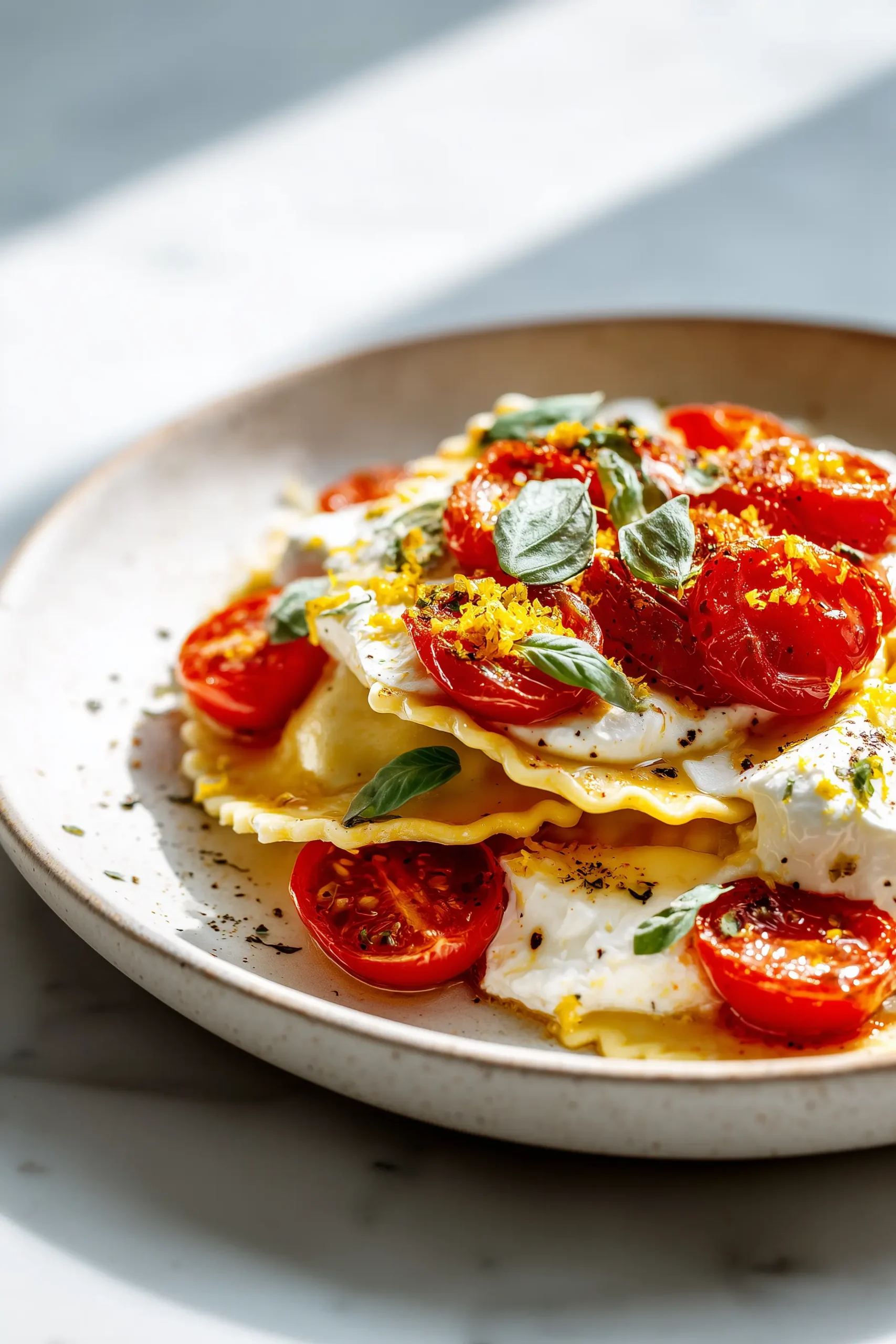 Plate of creamy lemon ravioli with burrata and burst tomatoes, garnished with basil and lemon zest.