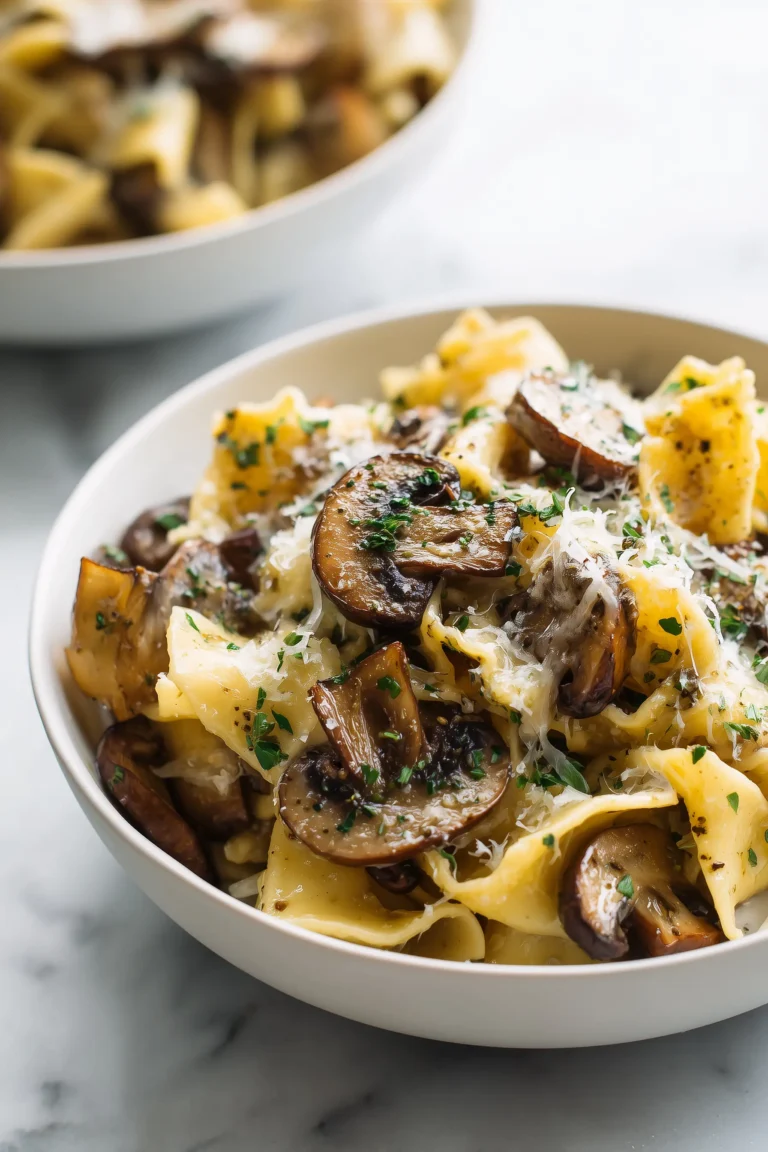 Wide shallow bowl of Indulge in Creamy Mushroom Gruyere Pasta with golden mushrooms, creamy sauce, and fresh herbs on a light background.
