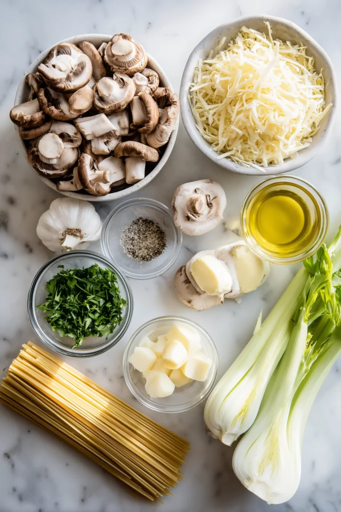Indulge in Creamy Mushroom Gruyere Pasta 2 Overhead of ingredients for Indulge in Creamy Mushroom Gruyere Pasta: mushrooms, pasta, cheese, leeks, and cream on a bright marble background.