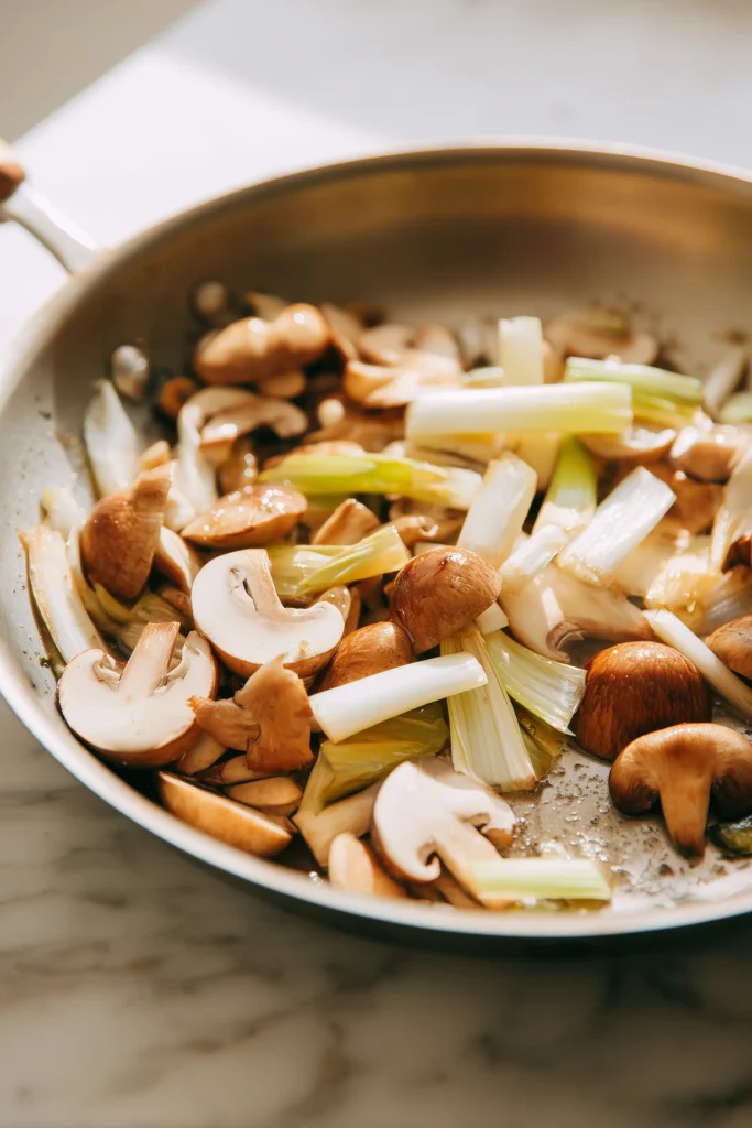 Indulge in Creamy Mushroom Gruyere Pasta 3 Mushrooms and leeks for Indulge in Creamy Mushroom Gruyere Pasta sautéing to golden brown in a skillet.