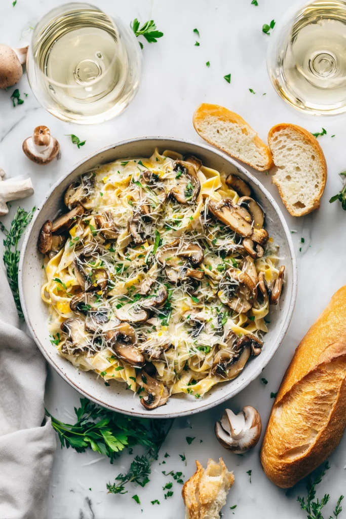Indulge in Creamy Mushroom Gruyere Pasta 4 Large bowl of Indulge in Creamy Mushroom Gruyere Pasta with bread and wine for family-style serving on a bright table.