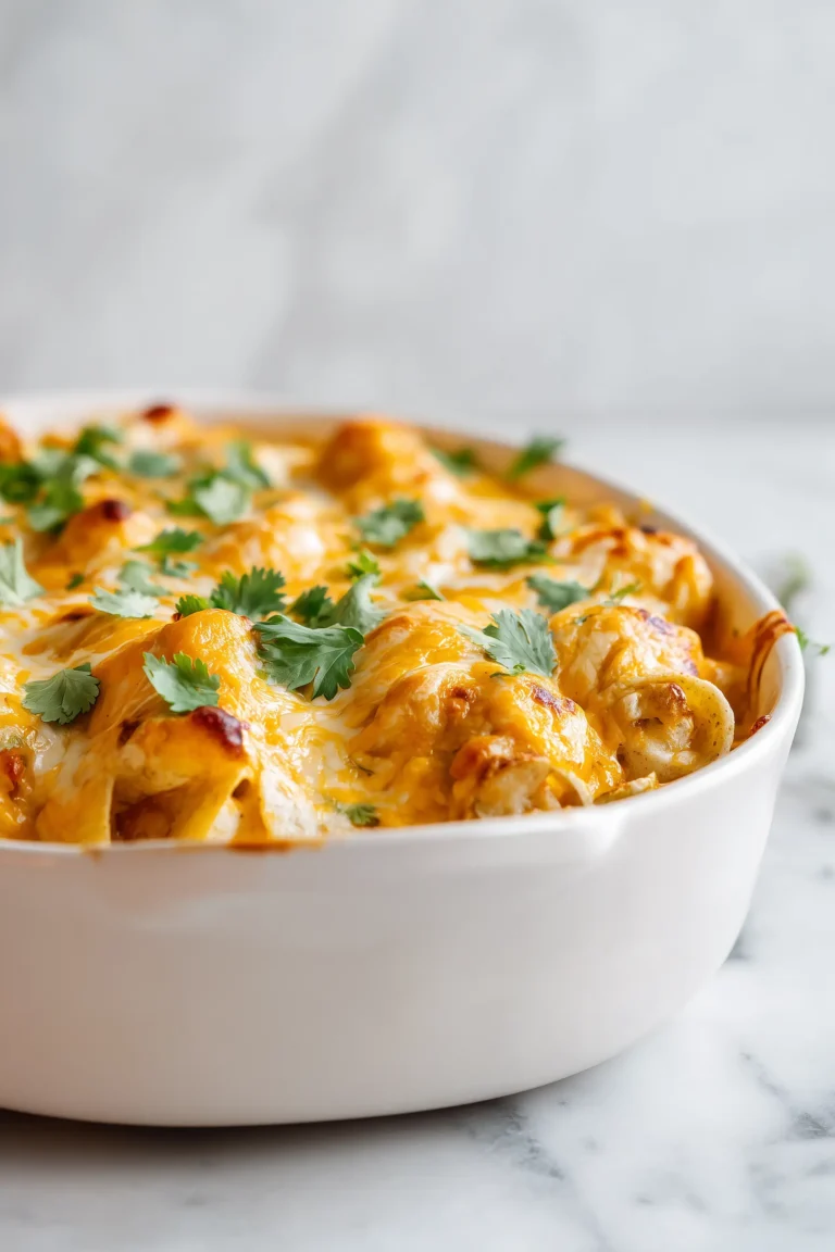 Golden Creamy Shrimp Enchiladas Recipe in a baking dish with bubbly cheese and cilantro on a light backdrop.