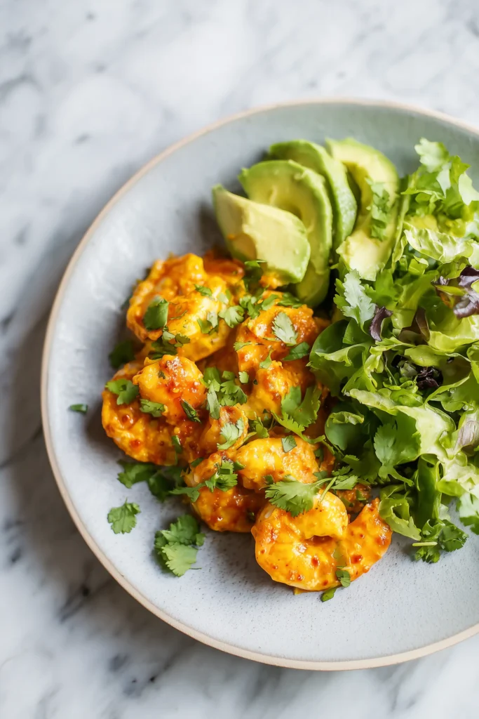 Plate of Creamy Shrimp Enchiladas Recipe served with green salad, avocado, and cilantro.