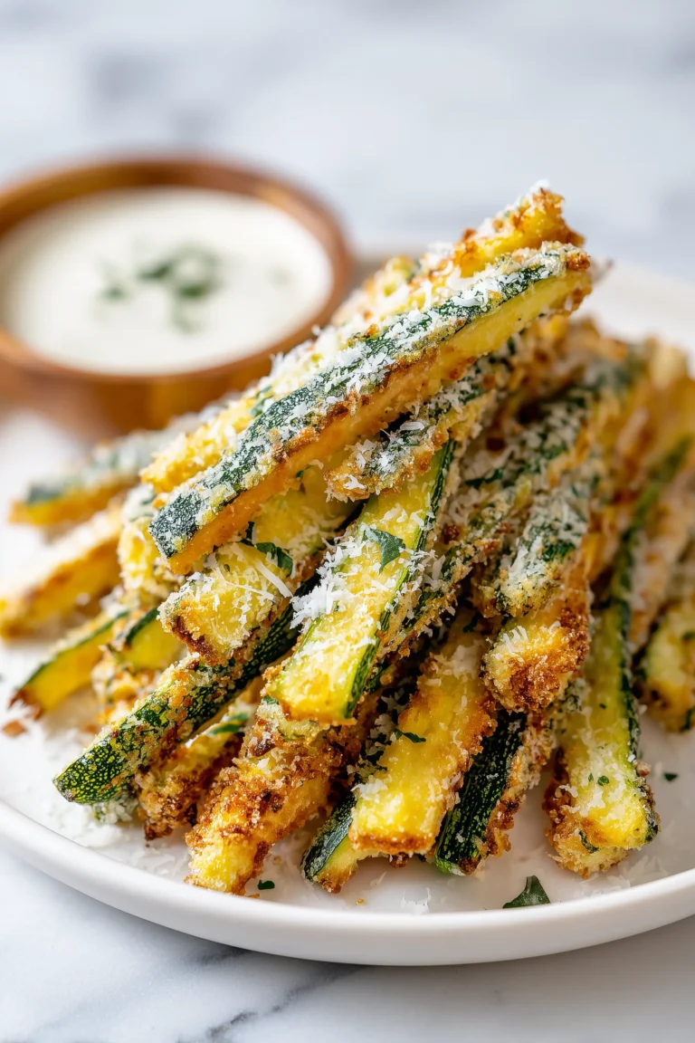 A vibrant plate of Crispy Air Fryer Garlic Parmesan Zucchini Fries with parmesan and dip on a white background.