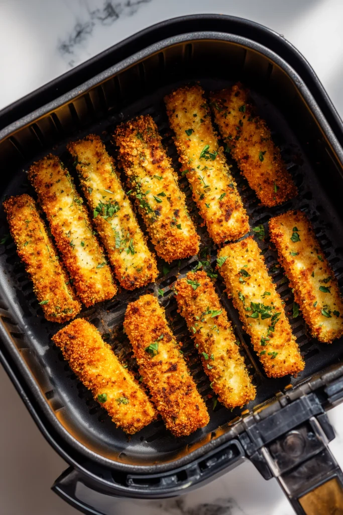 Crispy Air Fryer Garlic Parmesan Zucchini Fries 3 Air fryer basket filled with golden Crispy Air Fryer Garlic Parmesan Zucchini Fries, ready to serve.