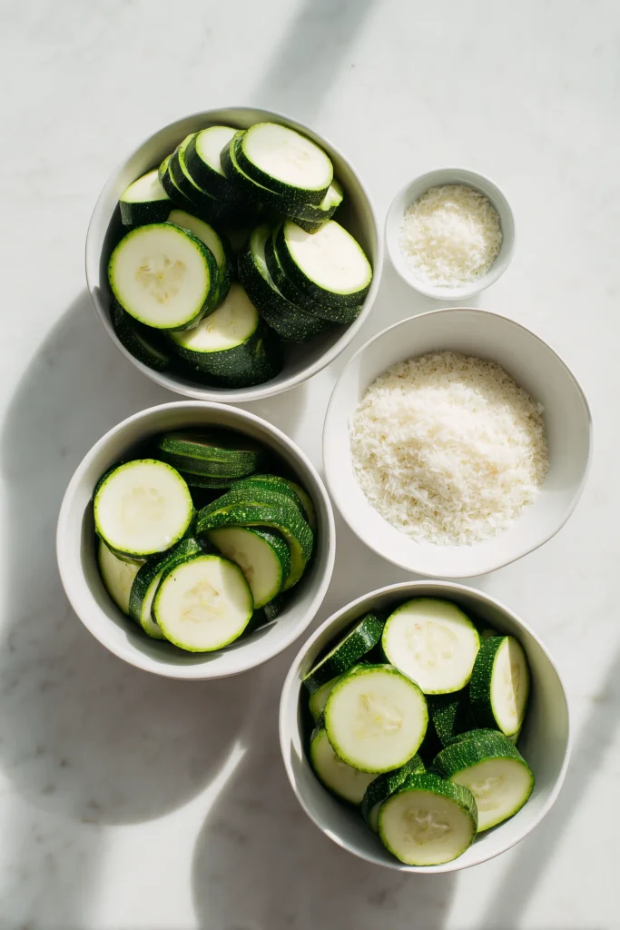Crispy Air Fryer Garlic Parmesan Zucchini Fries 2 Ingredients for Crispy Air Fryer Garlic Parmesan Zucchini Fries displayed on a light marble surface.