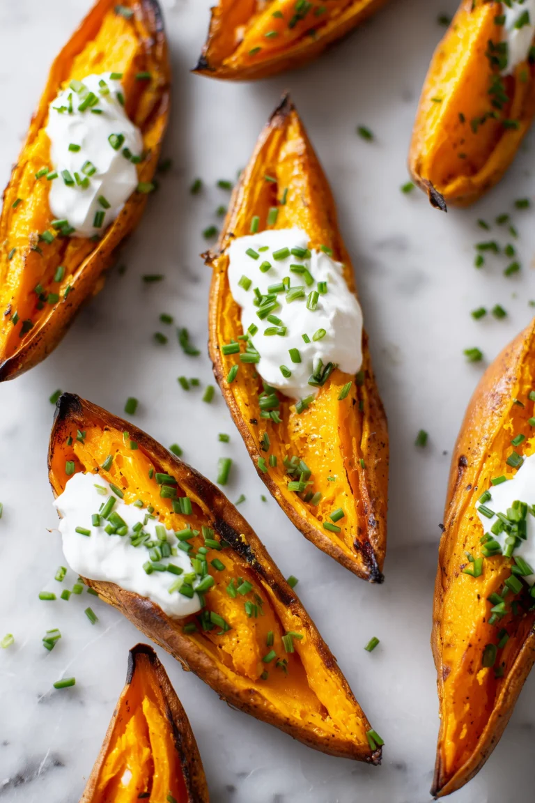 Golden crispy oven baked sweet potatoes on marble, garnished with chives and yogurt, showing their texture.