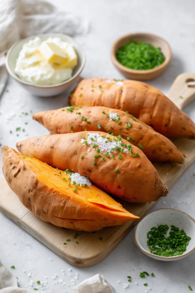 Crispy Oven Baked Sweet Potatoes 2 Sweet potatoes with butter, chives, sea salt, Greek yogurt, and guacamole arranged on wood for crispy oven baked sweet potatoes.