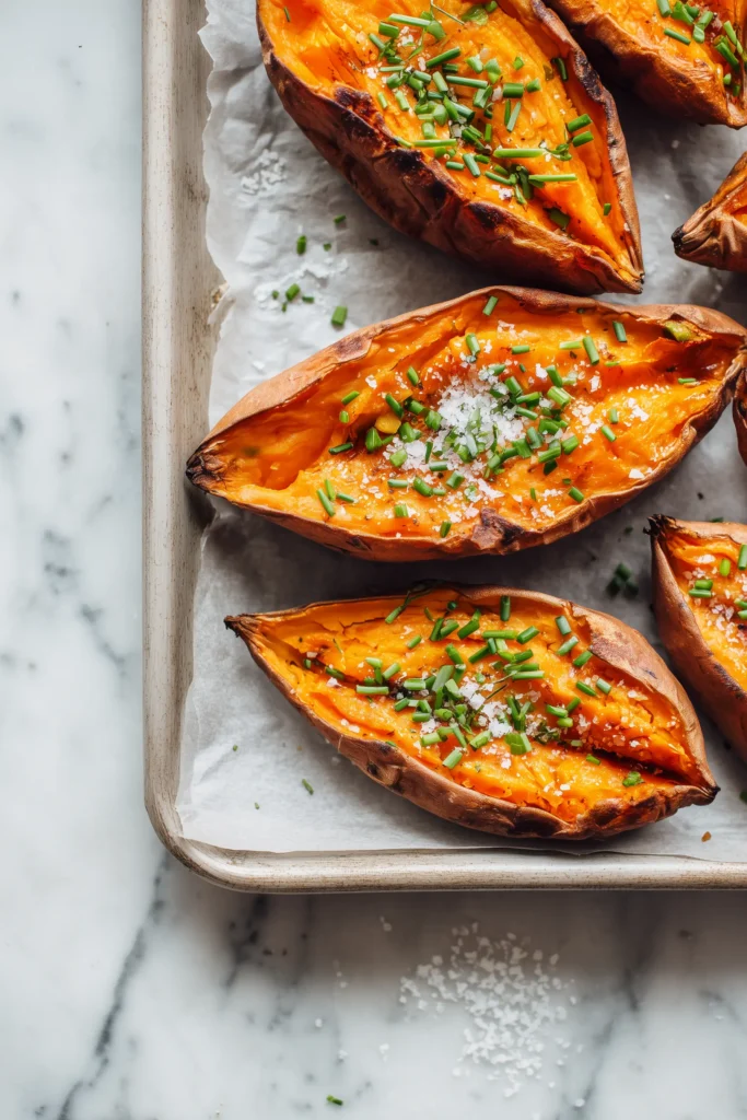 Crispy Oven Baked Sweet Potatoes 3 Pan of split, ultra-crispy oven baked sweet potatoes with pillowy insides and chives, just baked.