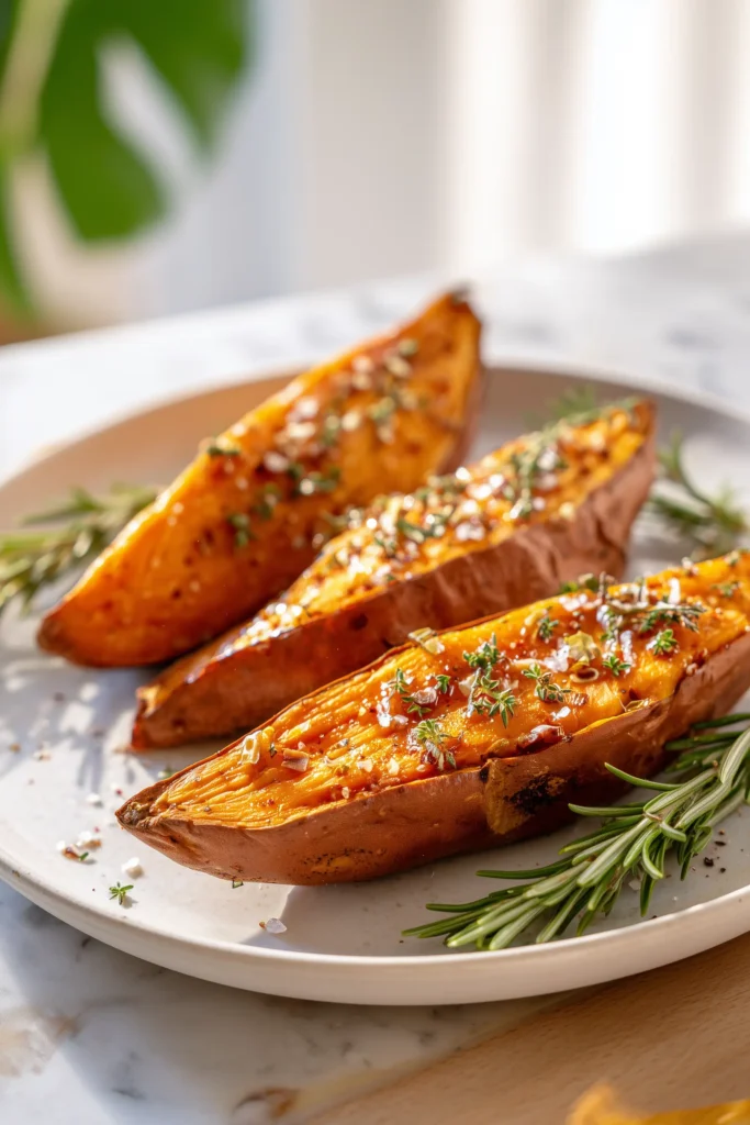 Crispy Oven Baked Sweet Potatoes 4 Three styles of crispy oven baked sweet potatoes on a plate: cinnamon maple, herbed, and spiced with lime.