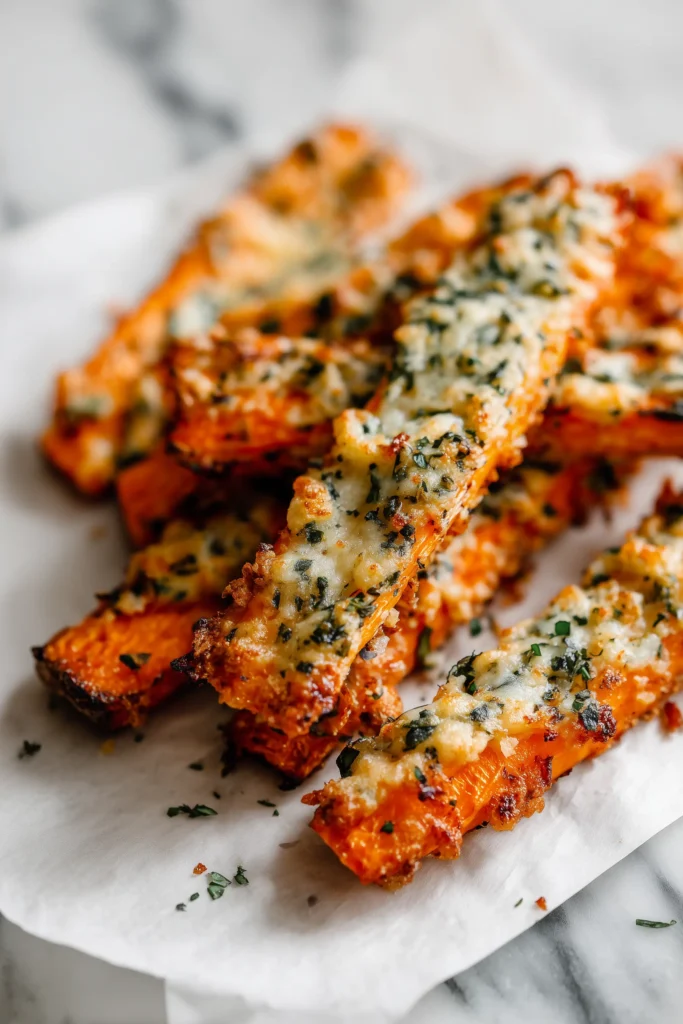 Crispy Parmesan Carrots 3 Close-up of Crispy Parmesan Carrots showing golden, crispy Parmesan crust and herbs.