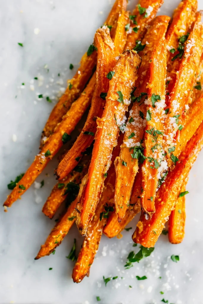 Crispy Parmesan Carrots 1 Oven-roasted Crispy Parmesan Carrots with golden Parmesan crust and sprinkled parsley on a marble background.