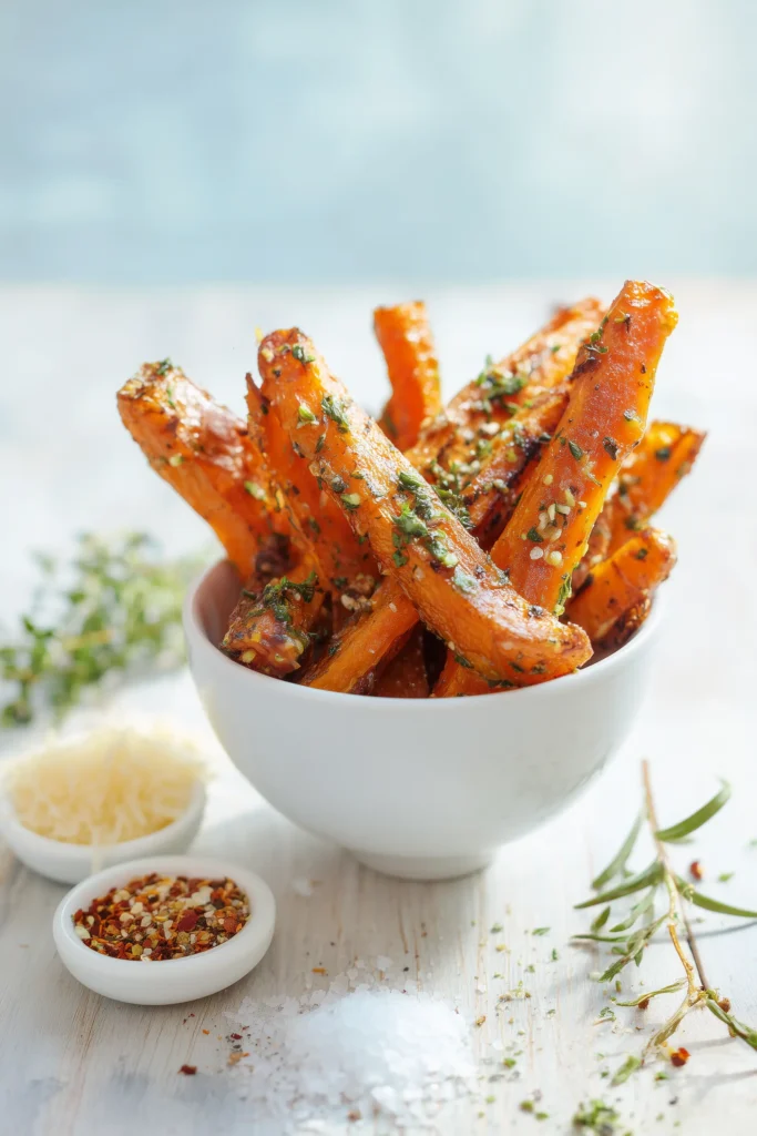 Crispy Parmesan Carrots 2 Carrots tossed in marinade with paprika, garlic, and Parmesan, ready for oven roasting.