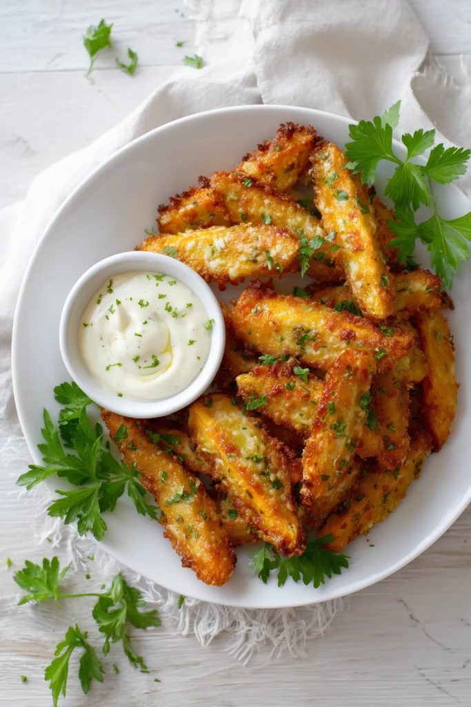 Crispy Parmesan Carrots 4 Crispy Parmesan Carrots on a platter, garnished with parsley, served with dipping sauce.