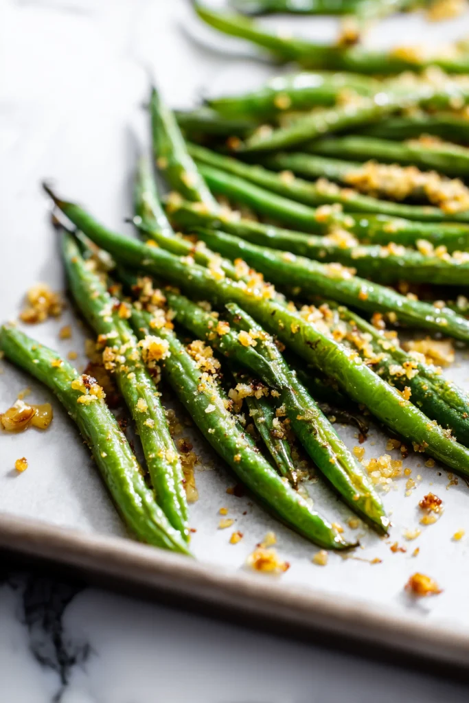 Sheet pan filled with Crispy Sheet Pan Green Beans, roasted with parmesan and breadcrumbs on a bright marble surface.