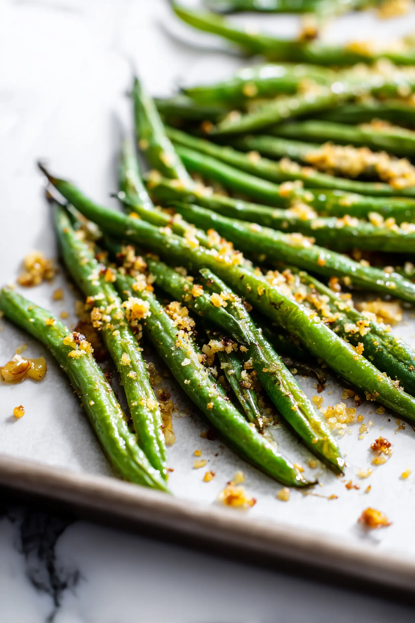 Sheet pan filled with Crispy Sheet Pan Green Beans, roasted with parmesan and breadcrumbs on a bright marble surface.