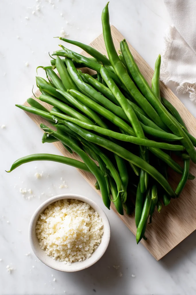 Arrangement of fresh green beans, parmesan, garlic, olive oil, and breadcrumbs for Crispy Sheet Pan Green Beans.