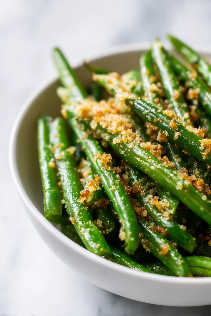 Green beans coated with parmesan, breadcrumbs, and olive oil before roasting for Crispy Sheet Pan Green Beans.