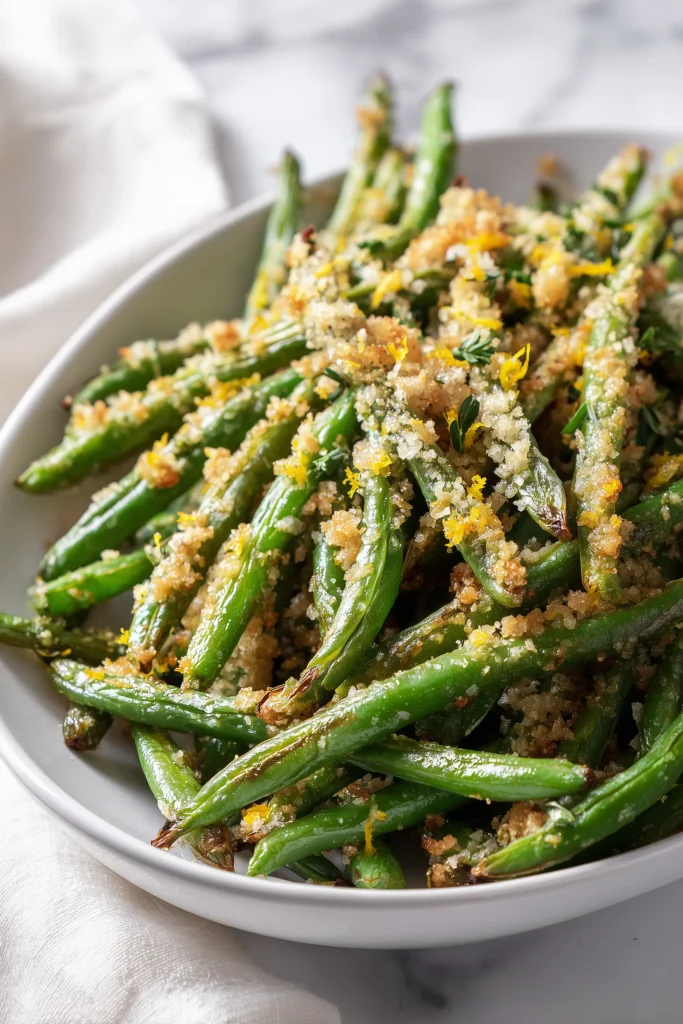 Serving dish with golden and Crispy Sheet Pan Green Beans garnished with breadcrumbs, parmesan, and lemon zest.