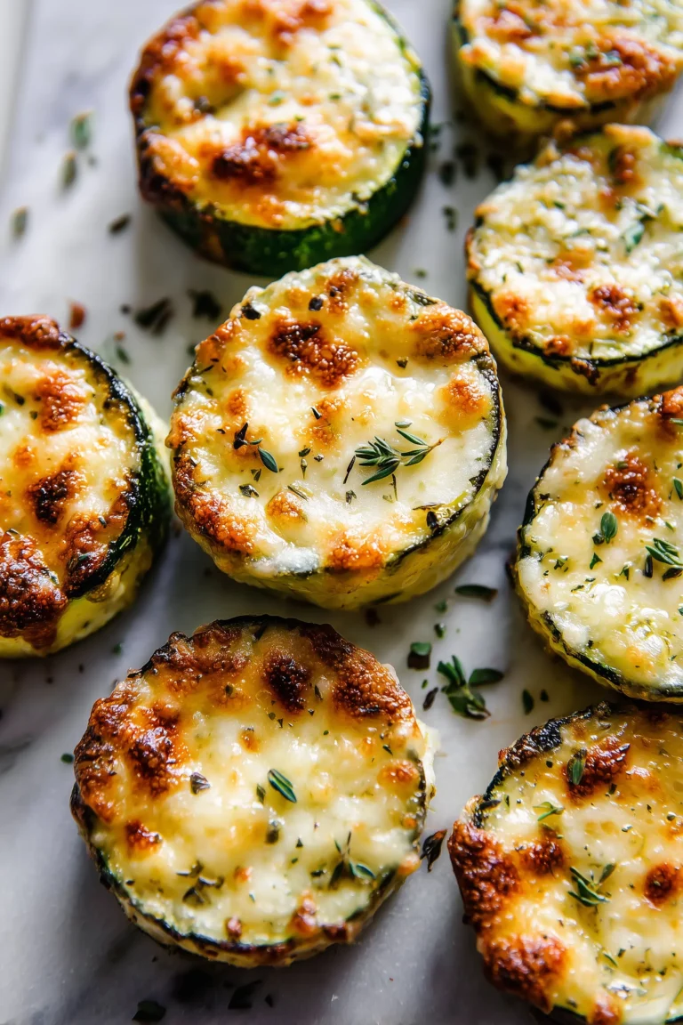 Oven-baked smashed zucchini rounds with golden cheese and herbs on a marble baking sheet.