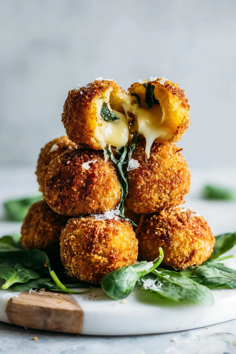 Platter of Crispy Spinach and Cheese Croquettes on white marble, with spinach and melted cheese showing.