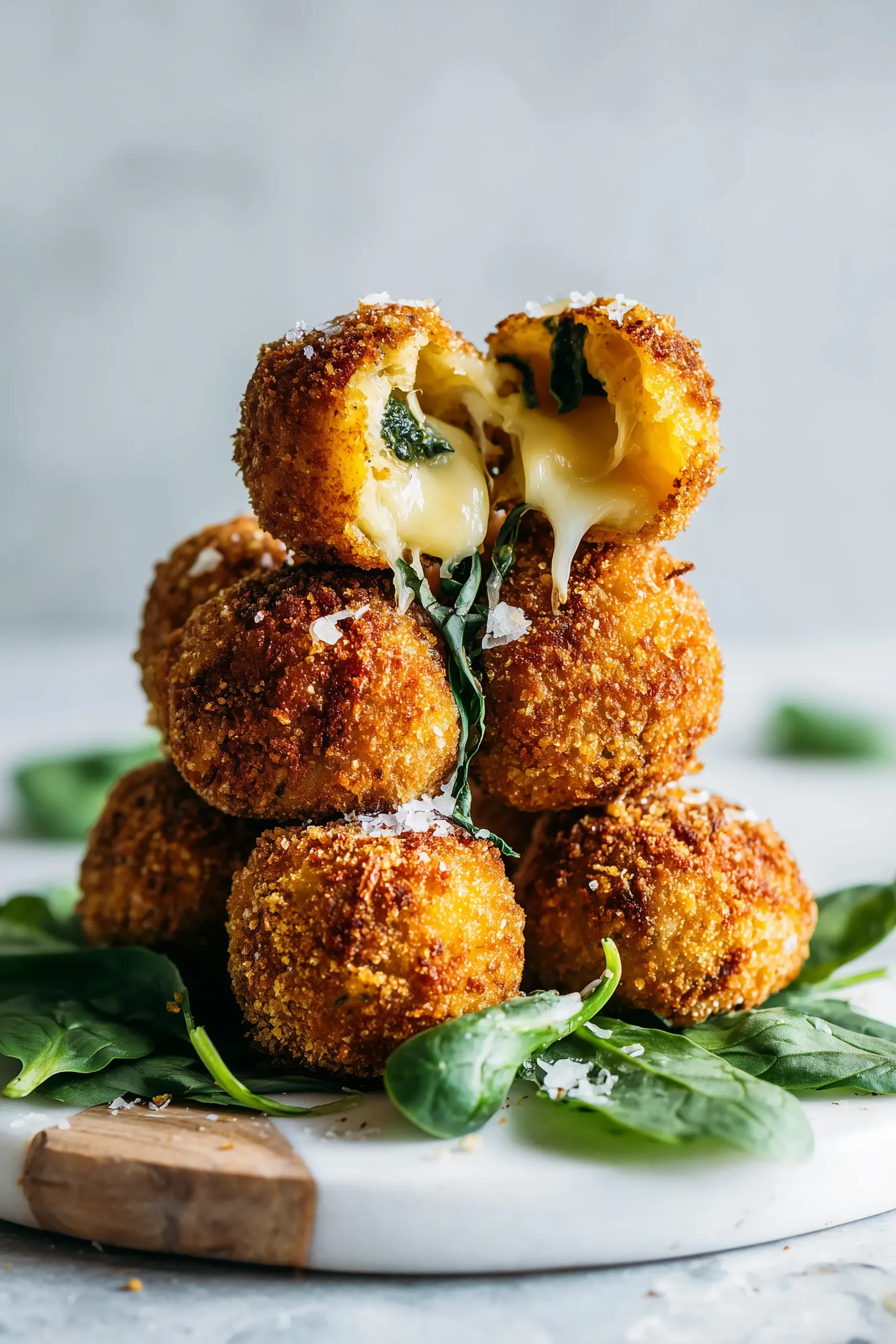 Platter of Crispy Spinach and Cheese Croquettes on white marble, with spinach and melted cheese showing.